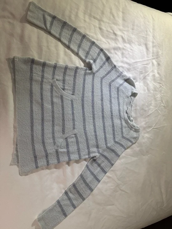 Barefoot Dreams Cozy Light Blue Stripe Women's Sweater - Picture 4 of 5